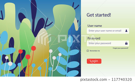 Login screen landing page vector design. Login ui ux online store design, email and password in flourish design Login screen landing page vector design. Login ui ux online store design, email and password in flourish design 117740320