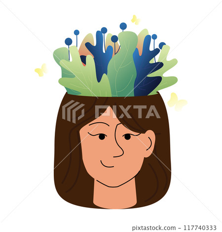 Woman mental health psychology vector concept illustration. 2d cartoon head with flowers inside. 117740333