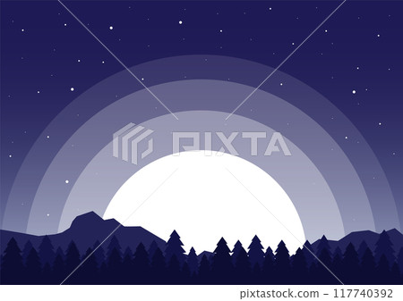 Minimalist aesthetic forest mountains landscape. Aesthetic pine tree forest under moonlight. 117740392