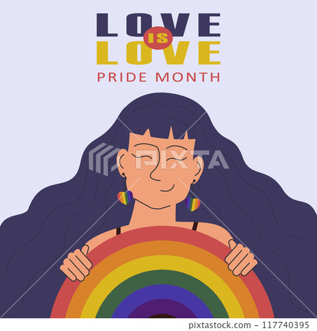 Young lady holding LGBT flag concept illustration. Pride month celebration against violence, discrimination 117740395