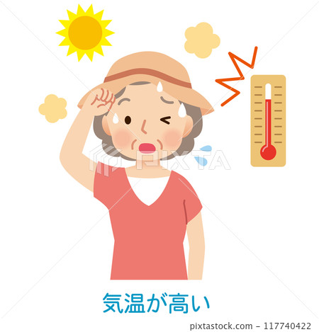 Elderly woman sweating outdoors in high temperatures - heat stroke Elderly woman sweating outdoors in high temperatures - heat stroke 117740422