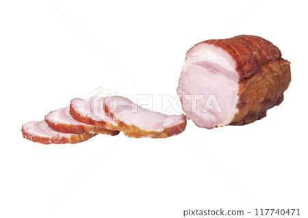 Ham sliced baked meat isolated on the white Ham sliced baked meat isolated on the white 117740471
