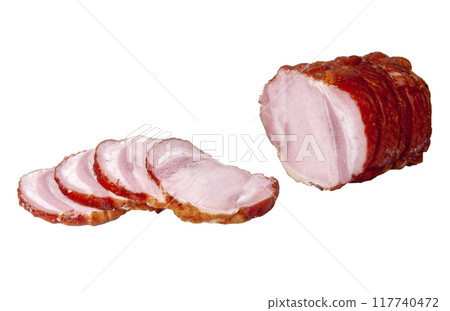 Ham sliced baked meat isolated on the white Ham sliced baked meat isolated on the white 117740472