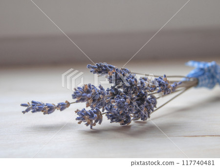 Bright lavander on wooden background with free space 117740481
