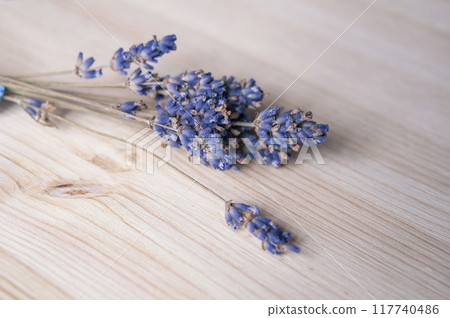 Bright lavander on wooden background with free space 117740486