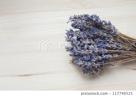 Bright lavander on wooden background with free space Bright lavander on wooden background with free space 117740525