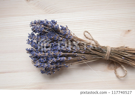 Bright lavander on wooden background with free space Bright lavander on wooden background with free space 117740527