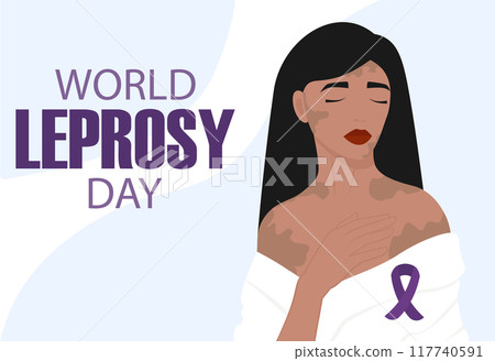 World Leprosy Day, young woman with purple ribbon. Awareness, healthcare and medicine flat illustration. World Leprosy Day, young woman with purple ribbon. Awareness, healthcare and medicine flat illustration. 117740591
