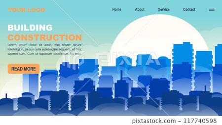 Banner for construction buildings company site flat design. Blue city building silhouette illustration vector 117740598