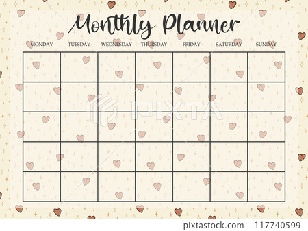 Monthly planner romantic paper sheet. Worksheet lovely template simple design. Monthly planner romantic paper sheet. Worksheet lovely template simple design. 117740599