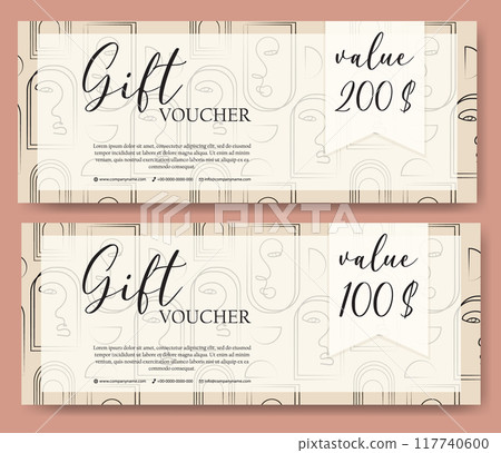 Gift voucher template with feminine design. Set of elegant voucher with fashion line art pattern in neutral colors. Gift voucher template with feminine design. Set of elegant voucher with fashion line art pattern in neutral colors. 117740600