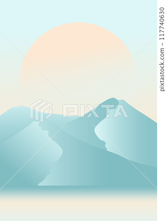 Aesthetic blue mountains illustration poster. Desert valley morning landscape vector cartoon art. 117740630