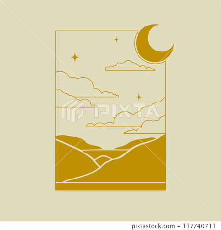 Minimalist logo design with mountains at night. Aesthetic desert silhouette 2d vector artwork. Minimalist logo design with mountains at night. Aesthetic desert silhouette 2d vector artwork. 117740711