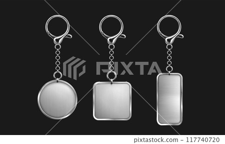 Silver keychain with ring mockup for branding. Silver keychain with ring mockup for branding. 117740720