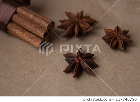 Cinnamon stick with star anis on the craft background 117740750
