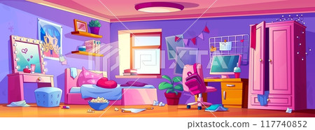 Messy teen girl bedroom interior 117740852