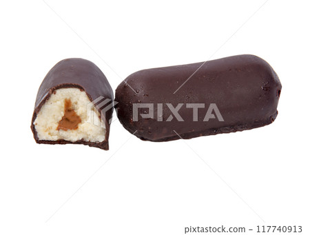 Chocolate glazed cheese with caramel isolated on the white Chocolate glazed cheese with caramel isolated on the white 117740913