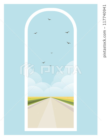 Countryside road rural landscape scene view. Vector Spain region view with wheat field 2d cartoon art. 117740941