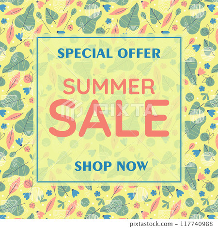 Summer sale banner, discount poster with flourish elements. Hot season discount business concept. Summer sale banner, discount poster with flourish elements. Hot season discount business concept. 117740988