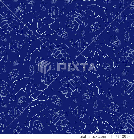 Cute sea and ocean cartoon animals and fishes sketch pattern. Seamless pattern background with underwater 2d characters. Cute sea and ocean cartoon animals and fishes sketch pattern. Seamless pattern background with underwater 2d characters. 117740994