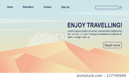 Time to travel landing page template desert landscape tour. Beautiful flat hot desert dunes 2d cartoon flat banner. Time to travel landing page template desert landscape tour. Beautiful flat hot desert dunes 2d cartoon flat banner. 117740999