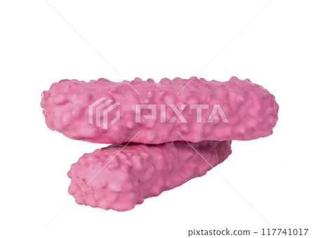Pink chocolate crispy bar with wildberry taste isolated on the white Pink chocolate crispy bar with wildberry taste isolated on the white 117741017