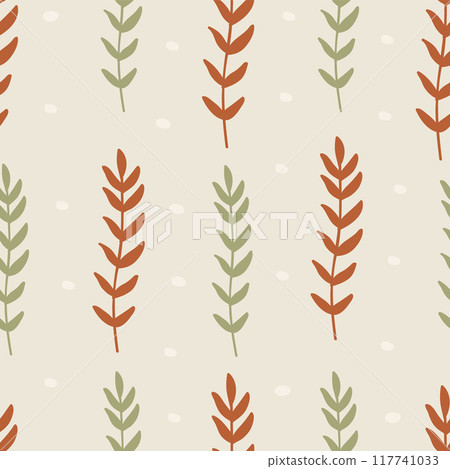 Leaves sprigs twigs branch seamless pattern. Botanical background. Autumn leaves ornament. Flat 2d beige sketch 117741033