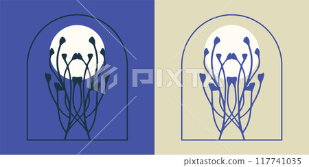 Blue beige branch sketch cosmetics logo illustration. Botanical art in engraving style. Greeting card 117741035