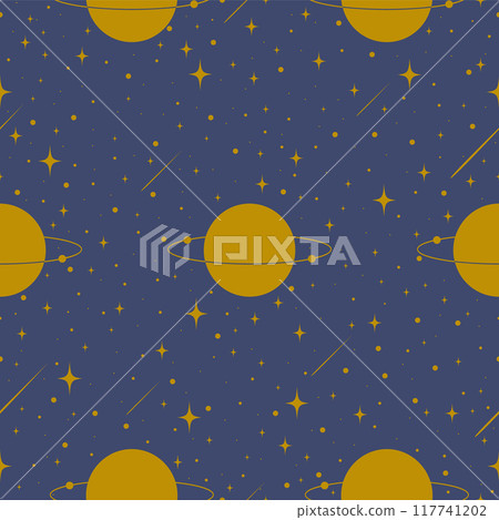 Vector seamless illustration with Saturn planet. Astrology flat pattern on blue background. Outer space 117741202