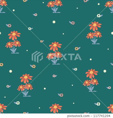 Colorful simple summer meadow seamless pattern. Leaves and flowers on green background. 117741204