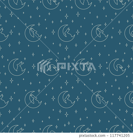 Easter bunnies seamless vector pattern. Blue simple background with moon and starry sky. Baby shower 117741205