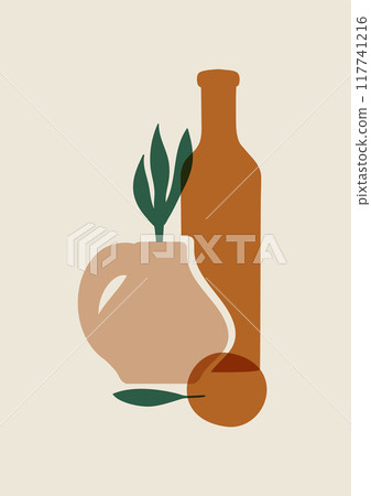 Aesthetic minimalist poster with leaf in vase. Interior design illustration with jar and blobs boho printable art Aesthetic minimalist poster with leaf in vase. Interior design illustration with jar and blobs boho printable art 117741216
