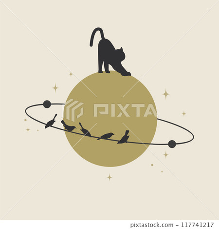 Silhouettes of the sitting birds on a planet. Saturn rings heavenly elements mystic illustration. 2d cartoon animal card 117741217