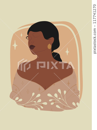 Portrait of black woman summer aesthetic illustration poster. Ethnic tribal black beautiful african american woman. 117741270