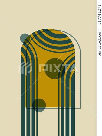 Minimalist aesthetic balancing shapes poster. Aesthetic print with stripes illustration. Burnt orange, green colors Minimalist aesthetic balancing shapes poster. Aesthetic print with stripes illustration. Burnt orange, green colors 117741271