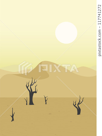 Desert landscape sunny dunes and dry tree illustration. Aesthetic minimalist sahara panorama poster. 117741272