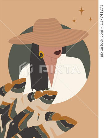 Faceless hispanic woman aesthetic summer illustration. Lady in hat interior design. Modern wallpaper art boho style Faceless hispanic woman aesthetic summer illustration. Lady in hat interior design. Modern wallpaper art boho style 117741273