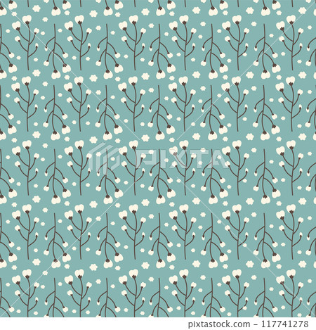 Organic cotton branch with cotton boll seamless pattern on blue. Soft fabric symbols loop ornament tile Organic cotton branch with cotton boll seamless pattern on blue. Soft fabric symbols loop ornament tile 117741278