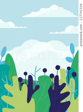Floral background of bright summer foliage plants. Vertical 2d banner with abstract spring leaves. 117741334