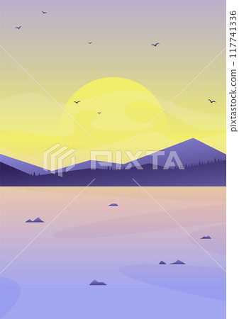 Morning landscape with spring sea vector illustration. Massive rocks Alaska seaside. Scandinavian nature Morning landscape with spring sea vector illustration. Massive rocks Alaska seaside. Scandinavian nature 117741336