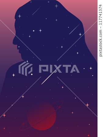 Profile of a woman with the hair full of stars poster illustration. Glossy Saturn rising in evening sky Profile of a woman with the hair full of stars poster illustration. Glossy Saturn rising in evening sky 117741374