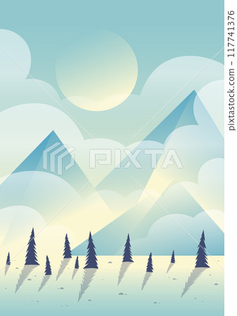 Aesthetic blue mountains among clouds landscape. Evening panorama with pine tree forest illustration. Aesthetic blue mountains among clouds landscape. Evening panorama with pine tree forest illustration. 117741376