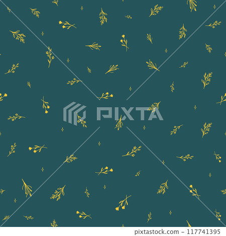 Seamless pattern with ink herbs branches for culinary. Rooibos leaves and flowers. 117741395