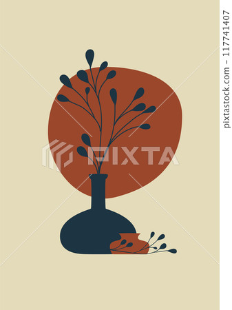 Aesthetic minimalist poster with leaf in vase. Interior design illustration with jar and blobs Aesthetic minimalist poster with leaf in vase. Interior design illustration with jar and blobs 117741407