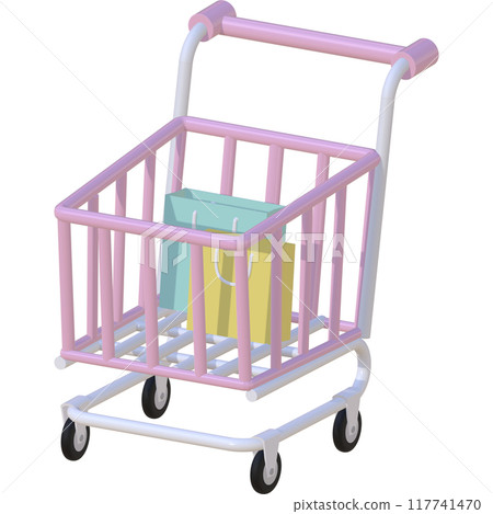 3D Pink shopping cart with 2 shopping bags 117741470