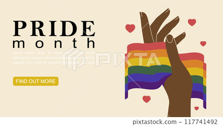 Pride month rainbow lgbt flag banner template. Hand holding rainbow flag. LGBTQ support poster 117741492