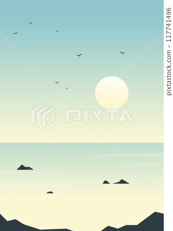 Morning landscape with spring sea vector illustration. Massive rocks Alaska seaside. Scandinavian fjord 117741496