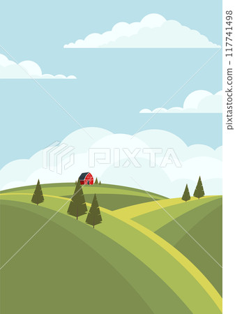 Country rural landscape scene with green wheat fields. Skyline with clouds farmland illustration Country rural landscape scene with green wheat fields. Skyline with clouds farmland illustration 117741498