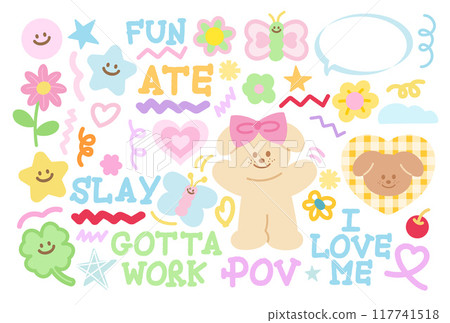 Pastel vector of puppy, clover leaf, star, flower, heart, butterfly, girl power text and message for decoration, animals, emoji, cute sticker set, cartoon character, patches, kid doll, plush toy, logo 117741518