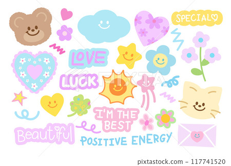 Pastel vector illustration of teddy bear, cat, clover leaf, star, flower, heart, sun for positive energy, happy emoji, Valentine's Day, cartoon character, cute patches, kid doll, plush toy, lucky icon 117741520